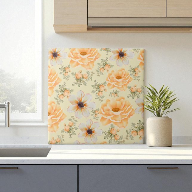 Boho Botanical Watercolor Orange Cream Blommigt Kakelplatta (Skapare uppladdad)