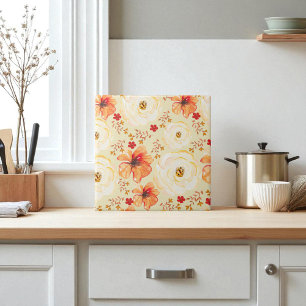 Boho Botanical Watercolor Orange Cream Blommigt Kakelplatta