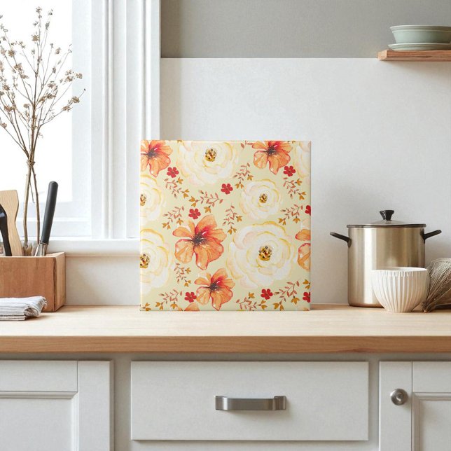 Boho Botanical Watercolor Orange Cream Blommigt Kakelplatta (Skapare uppladdad)