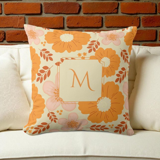 Boho Botanical Watercolor Orange Gult Blommigt Kudde (Skapare uppladdad)