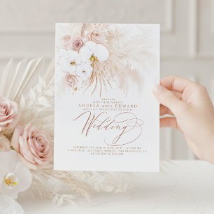 Boho Botanical White Orchids Pampas Grass Bröllop Inbjudningar