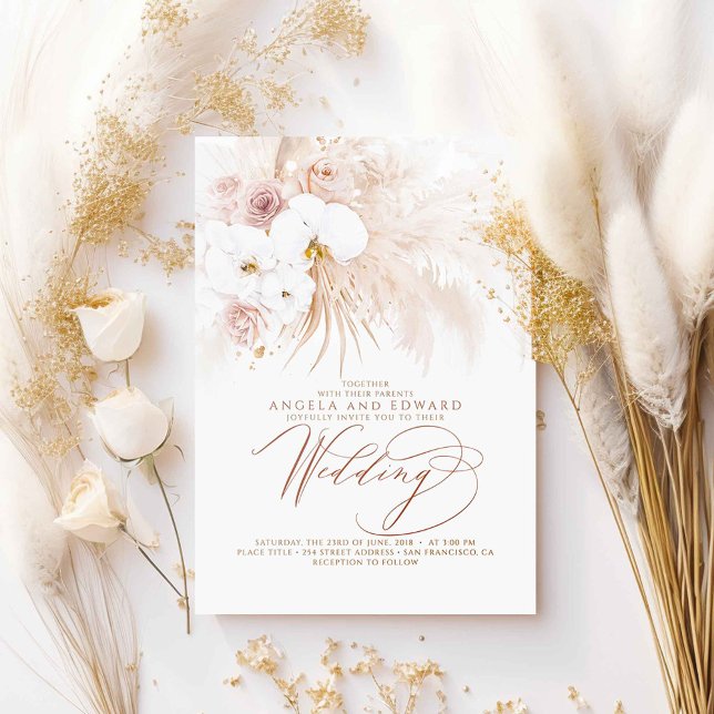 Boho Botanical White Orchids Pampas Grass Bröllop Inbjudningar (White Orchids and Pampas Grass Boho Wedding Invitations)