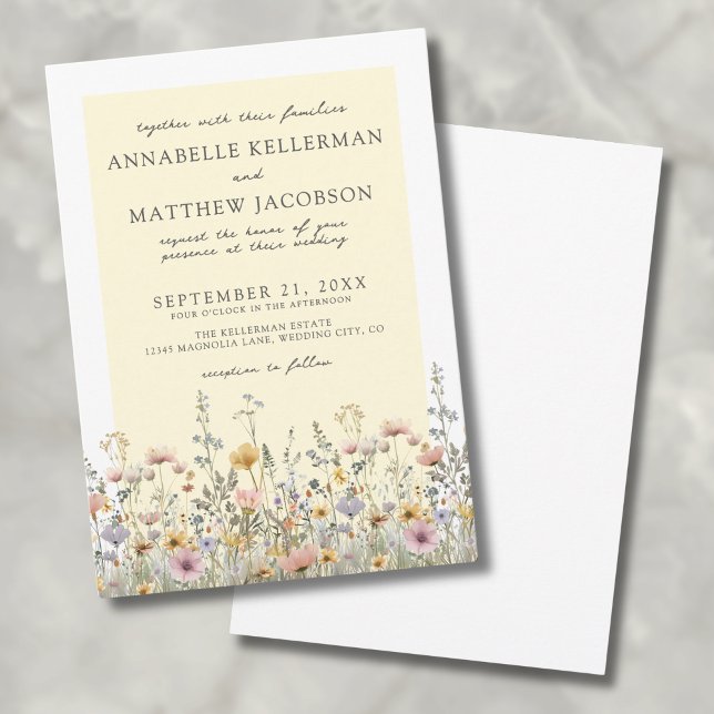 Boho Botanical Wildblomme Gult Blommigt Bröllop Inbjudningar (Boho Botanical Wildflower Yellow Floral Wedding Invitation)