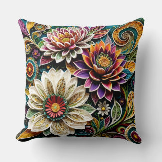 Boho Botanical Zentangle Floral Throw Pillow  Kudde