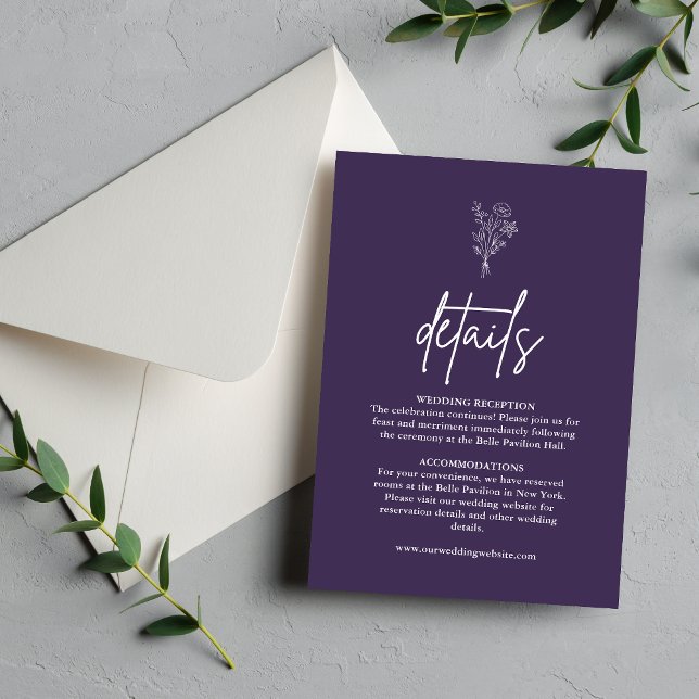 Boho Botanicals Lila Bröllopsdetaljer Tilläggskort (Boho purple details enclosure card shares key info with elegant charm in your wedding suite)