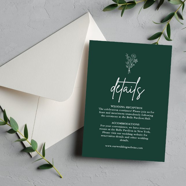 Boho Botanicals Smaragd Bröllopsdetaljer Tilläggskort (Botanical emerald details enclosure card shares key info with lush elegance in your wedding suite)
