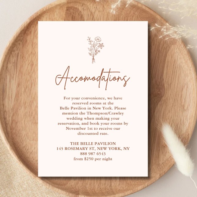 Boho Botanicals Terrakotta Bröllopsboende Tilläggskort (Terracotta boho botanical accommodations card adds warm clarity while guiding guest stays.)