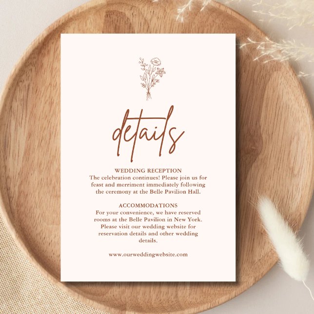 Boho Botanicals Terrakotta Bröllopsdetaljer Tilläggskort (Botanical terracotta details enclosure card shares key info with warm style for your wedding suite)