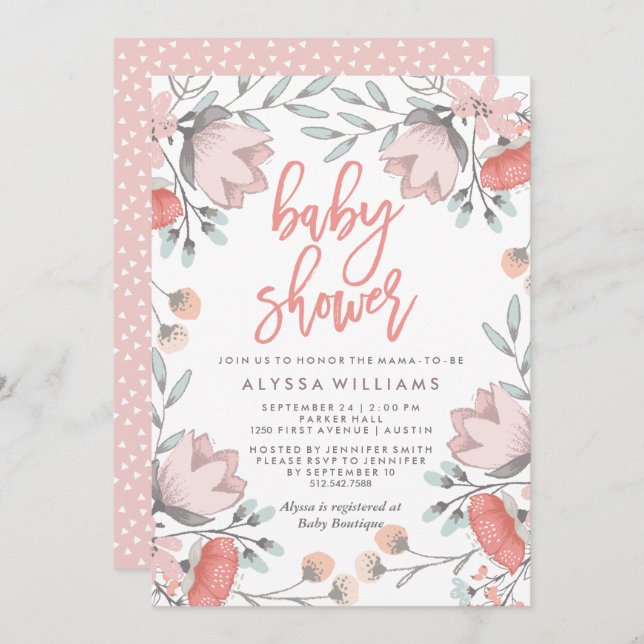 Boho botanisk blommababy shower inbjudningar (Fram/baksida)