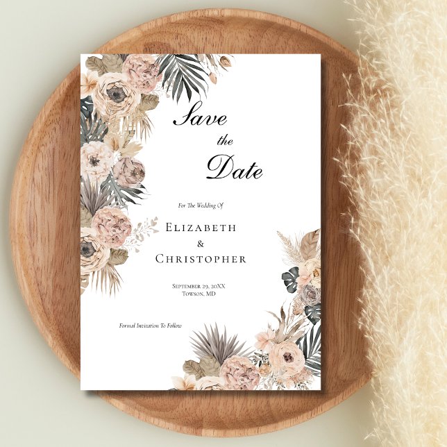 Boho Botanisk Blommig Bröllop Beige Rosa Spara Datumet (Elegant Watercolor pink gray boho floral botanical wedding save the date. )