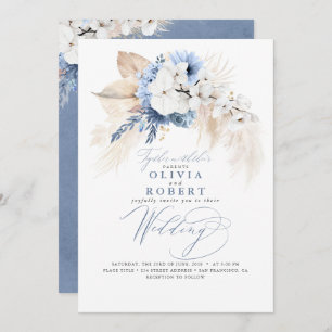 Boho Botanisk Blommigt Modern Dusty Blue Bröllop Inbjudningar