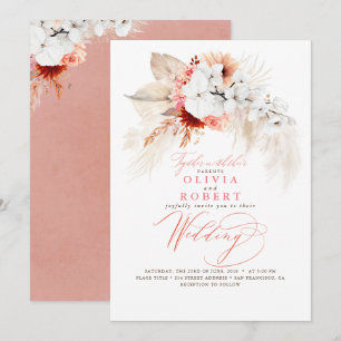 Boho Botanisk Blommigt Modern Peach Rosa Bröllop Inbjudningar