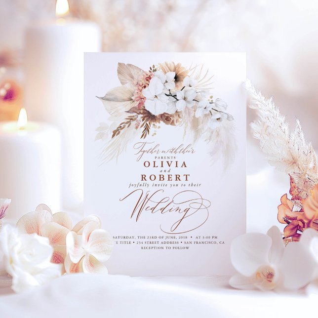 Boho Botanisk Blommigt Modern Terracotta Bröllop Inbjudningar (Romantic Boho Wedding Invitation)