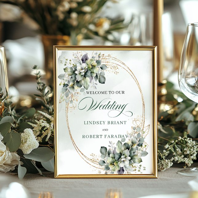 Boho Botanisk Dammgrön Bordsskiva Bröllop Välkomme Poster (Boho Botanical Dusty Green Tabletop Wedding Welcome)