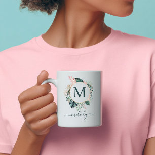 Boho Botanisk Monogram - Grön - Vit Kaffemugg