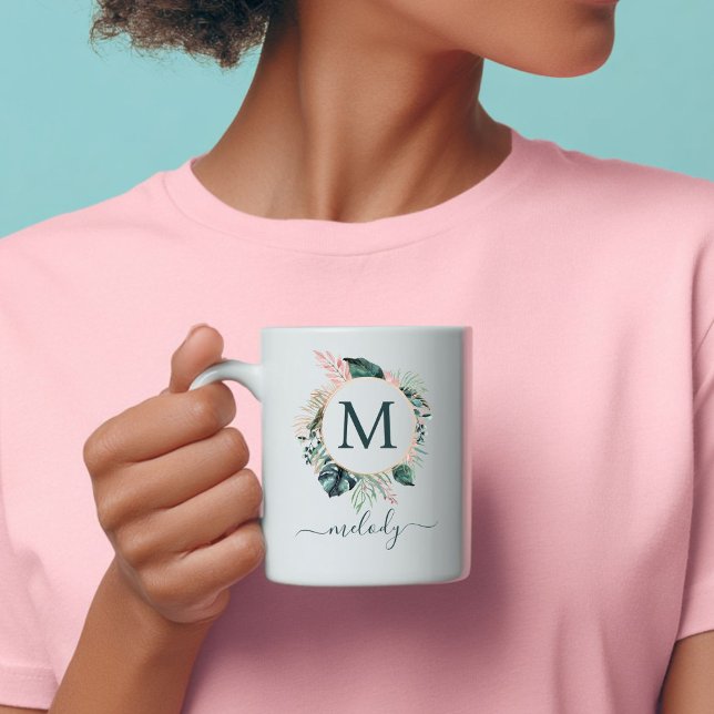 Boho Botanisk Monogram - Grön - Vit Kaffemugg (Boho Botanical Monogram - Green - White Coffee Mug
with your Initial and Name)