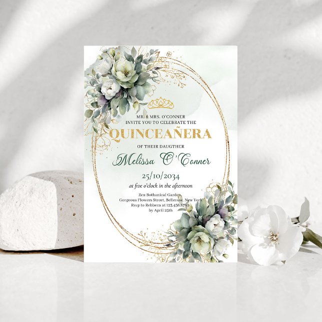 Boho Botanisk Quinceañera Grönska Guld Inbjudan (Boho Botanical Quinceañera Greenery Gold Invitation)