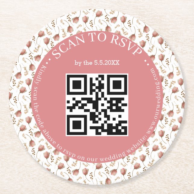 boho botanisk rsvp qr-kod bröllop stilfullt underlägg papper rund (Framsidan)
