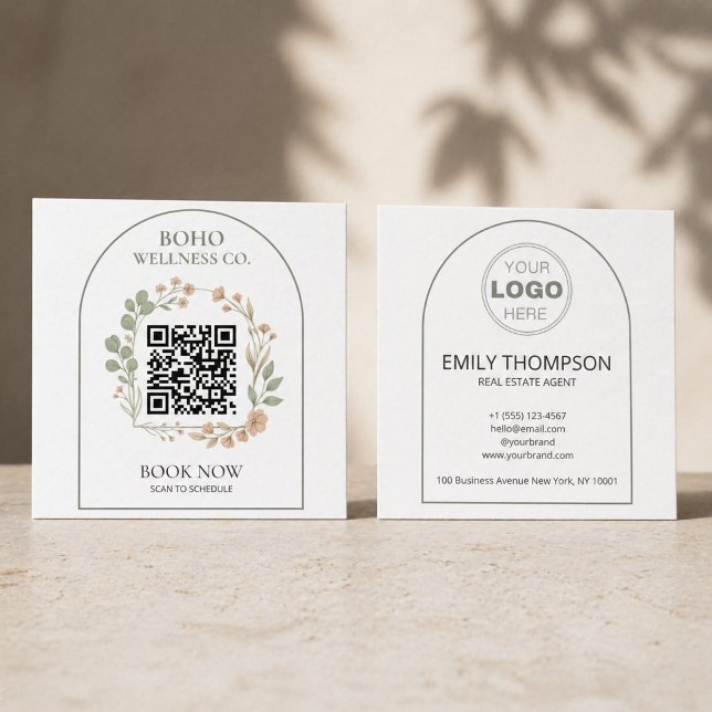 Boho Botanisk Valv QR-kod Fyrkant Fyrkantigt Visitkort (Aesthetic Boho Botanical Square Business Card with QR Code for Small Business)