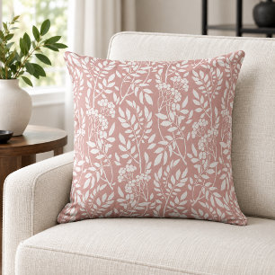 Boho Botanisk Vit Bladverk Rosapink Kudde