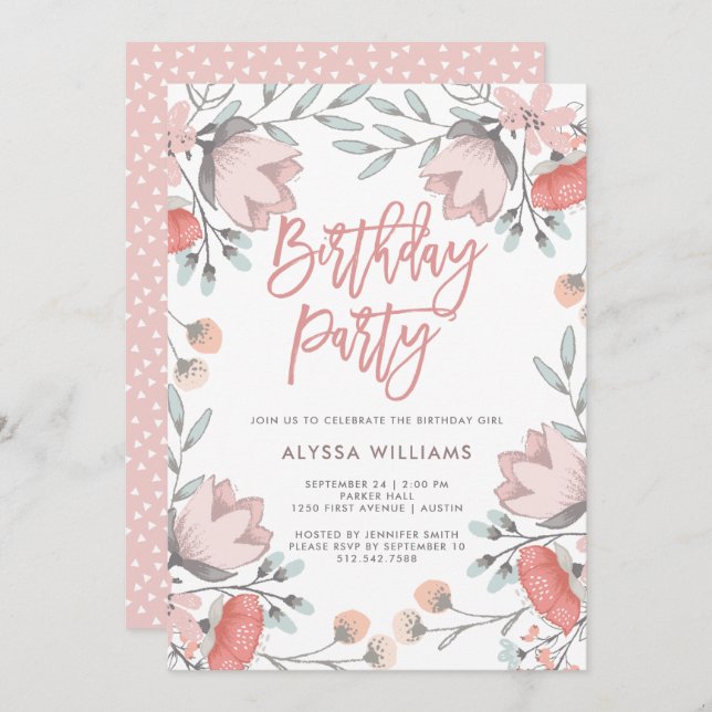 Boho Botaniska blommor Födelsedagsfest inbjudan (Fram/baksida)