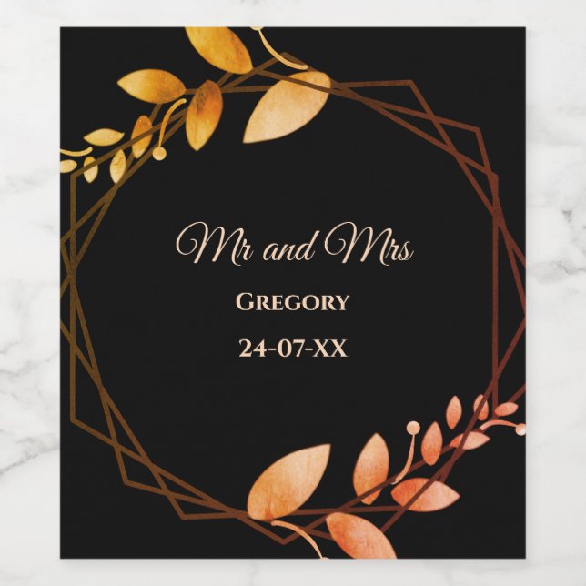 Boho, botaniska guld ram bröllop vinflaska etikett (Singel etikett)