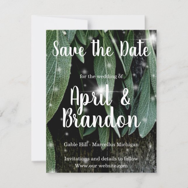 Boho botaniska örter blad rustika ladugårdsträ skr spara datumet (Framsida)