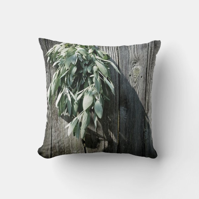 Boho botaniska örter löv rustic Barn-wood Kudde (Framsida)