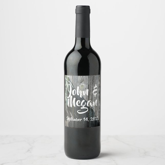 Boho botaniska örter löv rustic Barn-wood Vinflaska Etikett (Framsida)