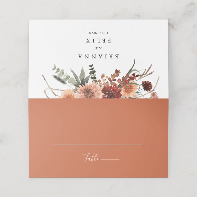 Boho Botaniskt Bröllop-monteringskort för hösten B Placeringskort (Utvändigt utvikt)