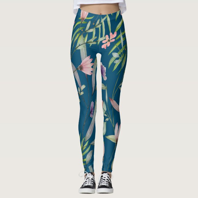 Boho botaniskt moderiktig sommarflotta i mönster leggings (Framsida)