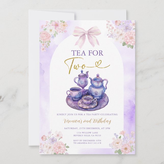 Boho Bow Lila Tea för två flickor Födelsedagsblomm Inbjudningar (Framsida)