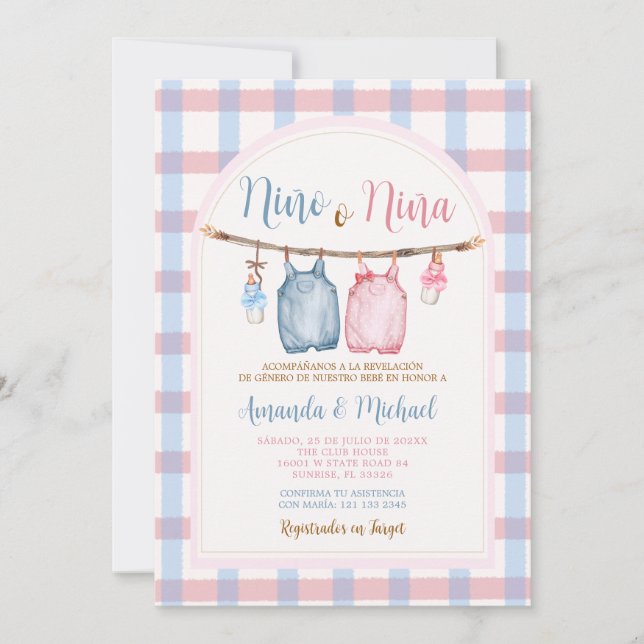 Boho Bow Pumpkin Spansk Gender Reveal Gingham Inbjudningar (Framsida)