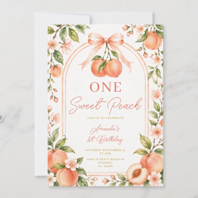 Boho Bow Sommar En Söt Persika Födelsedag Blommig Inbjudningar (Framsida)