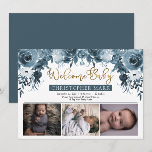 Boho Boy 3 Photo Blue Watercolor Guld Blommigt Bir Meddelande