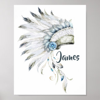 Boho Boy Feather Headdress Nursery Art Poster