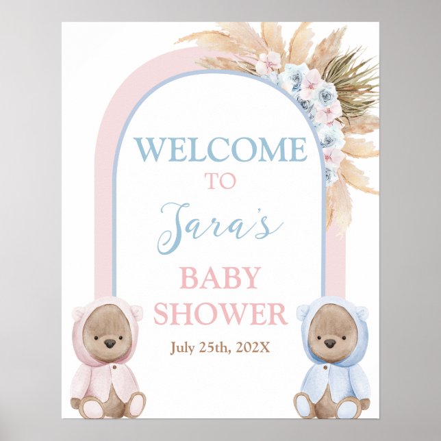 Boho Boy Girl Twillingars Bear Baby Shower Välkoms Poster (Framsidan)