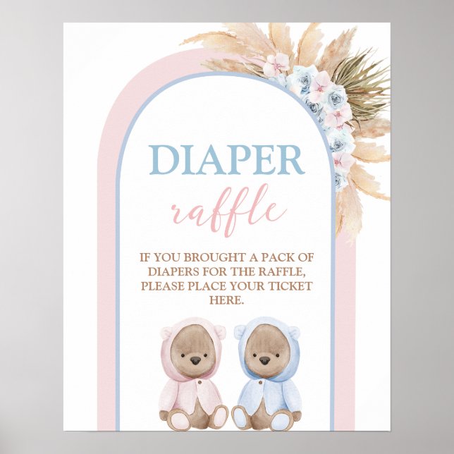 Boho Boy Girl Twillingars Bear Diaper Raffle-skylt Poster (Framsidan)