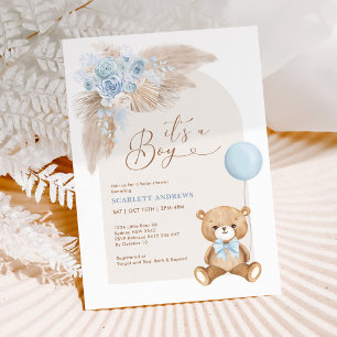 Boho Boy Nalle Balloon Baby Shower Inbjudningar