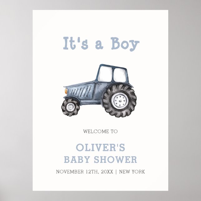 Boho Boy Watercolor Tractor Baby Shower Välkommen Poster (Framsidan)