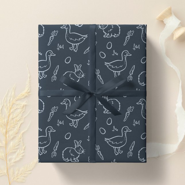 Boho Boys Easter Cute Bunny Rabbit Goose Dark Blue Presentpapper (Skapare uppladdad)