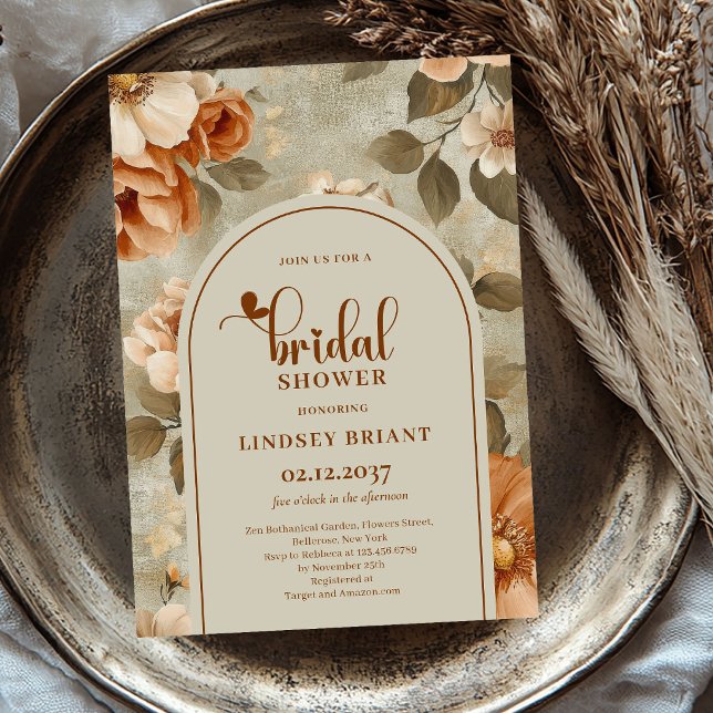 Boho Bränd Orange Blommig Bröllopsfest Inbjudan (Boho Burnt Orange Floral Bridal Shower Invitation)