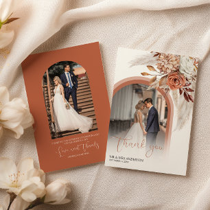 Boho Bränd Orange Blommig & Pampas Foto Tack Kort