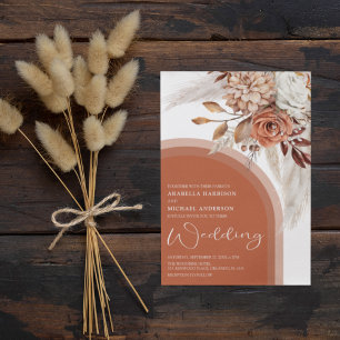 Boho Bränd Orange Blommig & Pampas Gräs Bröllop Inbjudningar