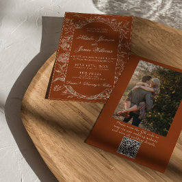Boho Bränd Orange Blommig QR-kod Foto Bröllop Inbjudningar