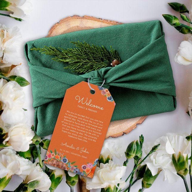 Boho bränd orange bröllopspresent Bröllop välkomst Presentetikett (Skapare uppladdad)