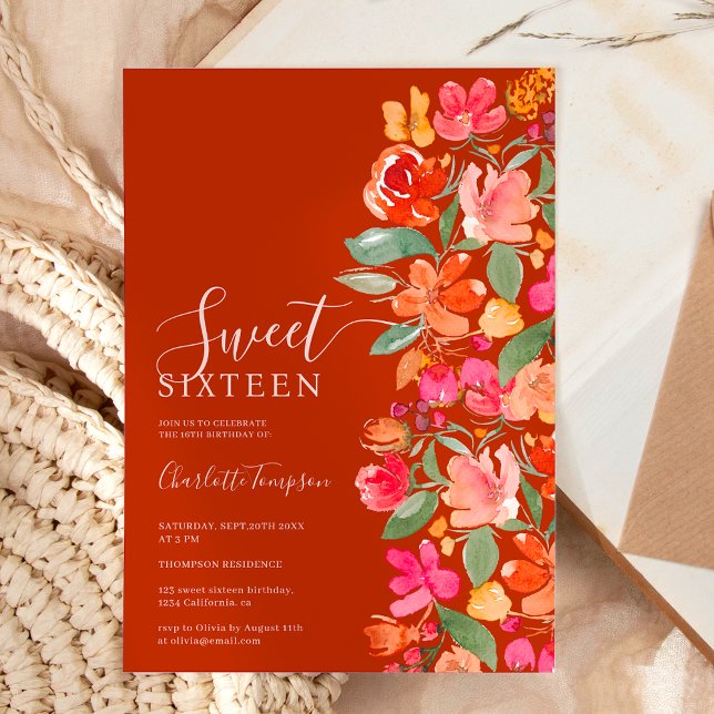 Boho bränd orange jordton blomster chic söt 16 inbjudningar (Boho burnt orange earth tone floral chic sweet 16 invitation on terracotta)