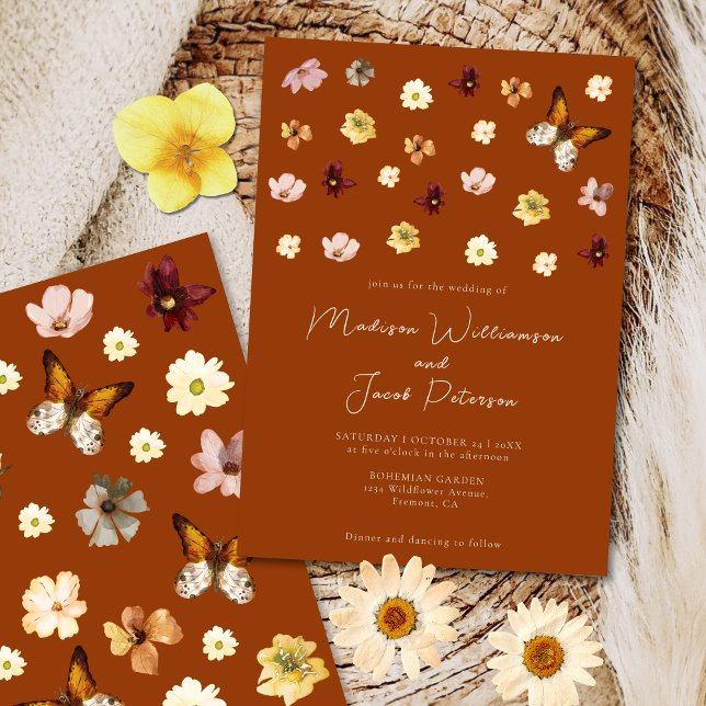 Boho bränd orange vildblomma bröllopsinbjudan inbjudningar (Skapare uppladdad)