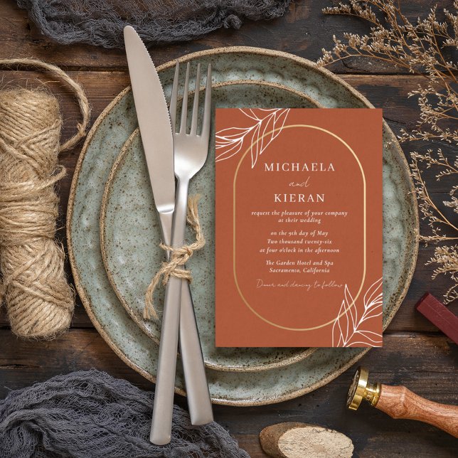 Boho Bränd Rost Modern Bröllop Inbjudningar (Boho Burnt Rust Modern Wedding Invitation)