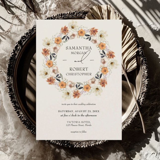 Boho brände orange av kopparblommor inbjudningar (Boho burnt orange copper wildflowers wreath invitation)